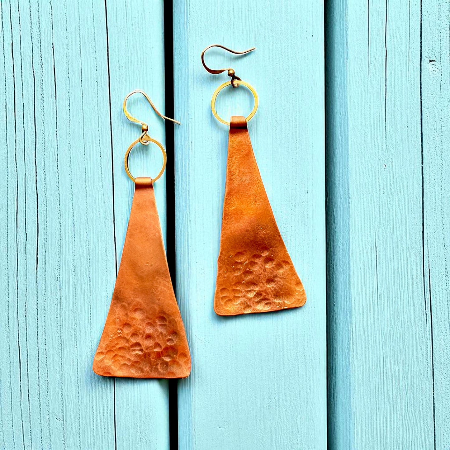 LARGE TEXTURED COPPER TRIANGLE EARRINGS - end of season sale