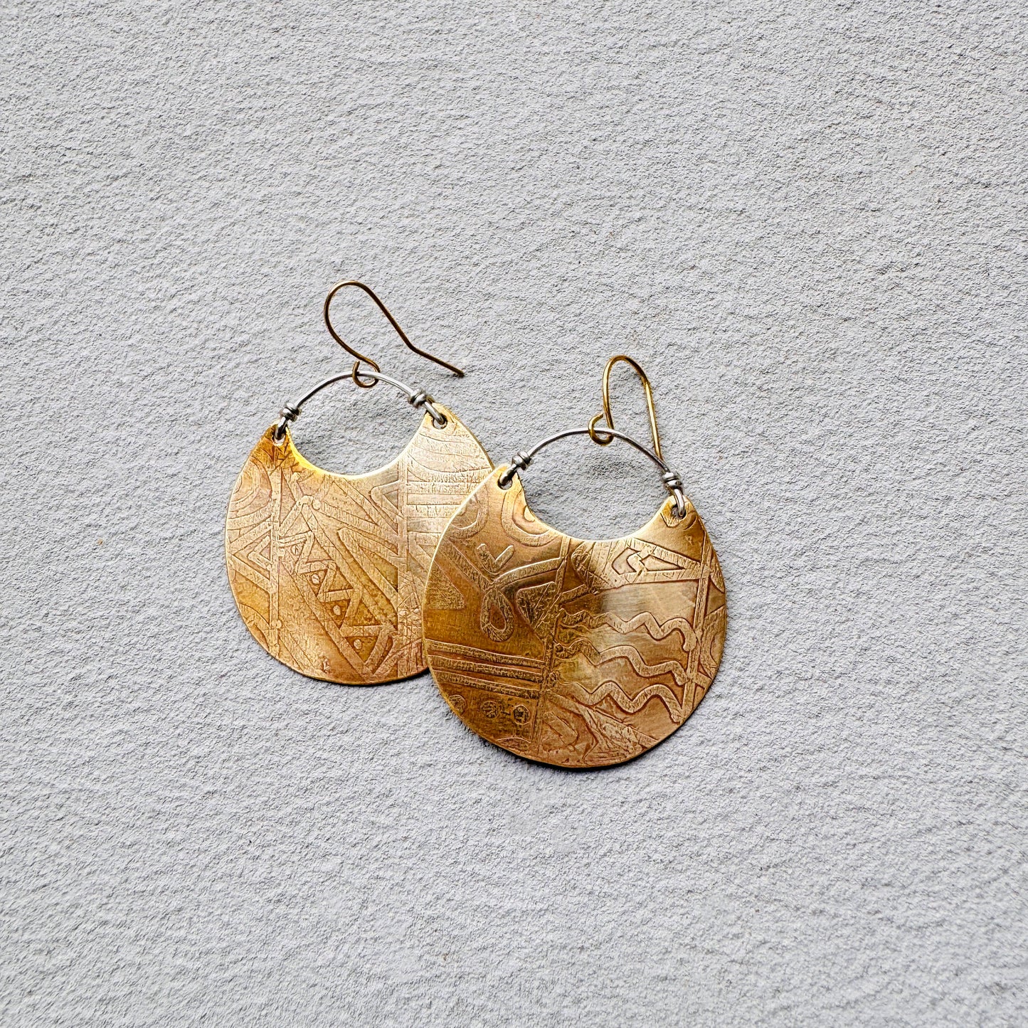 BRASS TRIBAL ETCHED DISK EARRINGS