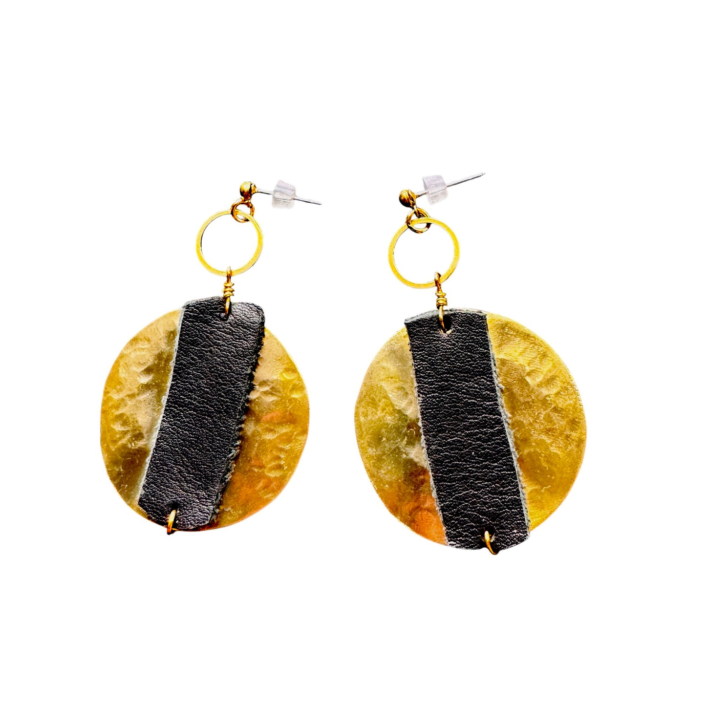TEXTURED BRASS CIRCLE EARRINGS WITH LEATHER OVERLAY - sample sale