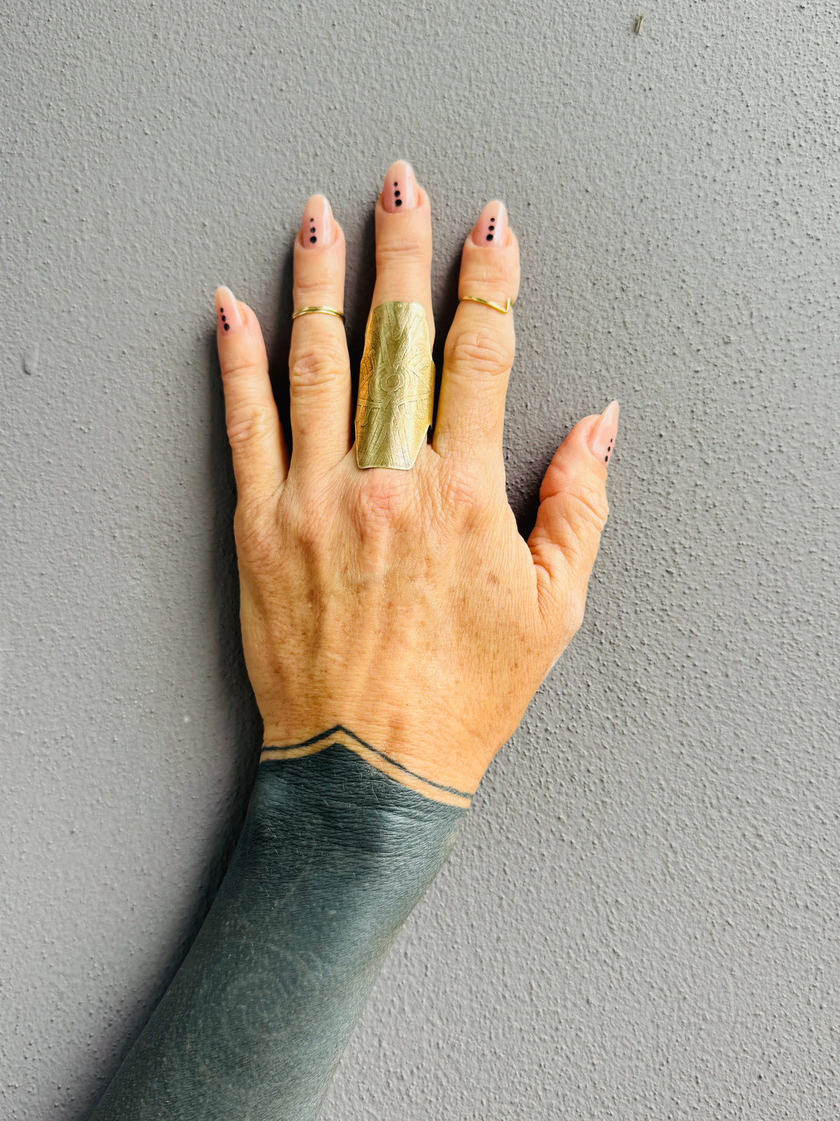 TRIBAL ETCHED BRASS SHIELD RING