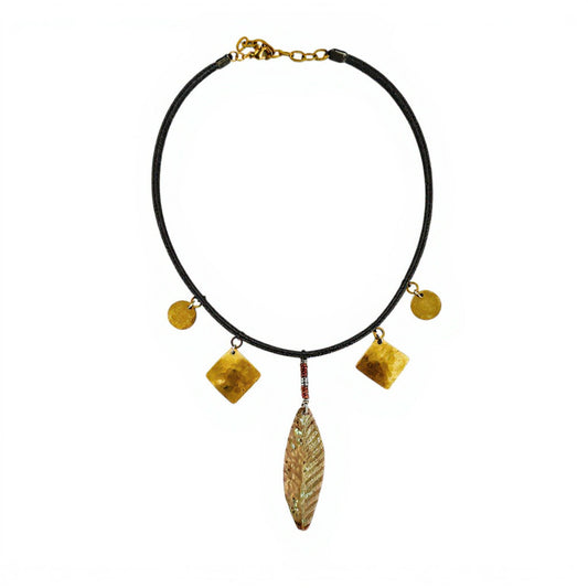 ETCHED BRASS LEAF & BLACK VEGAN LEATHER CHOKER