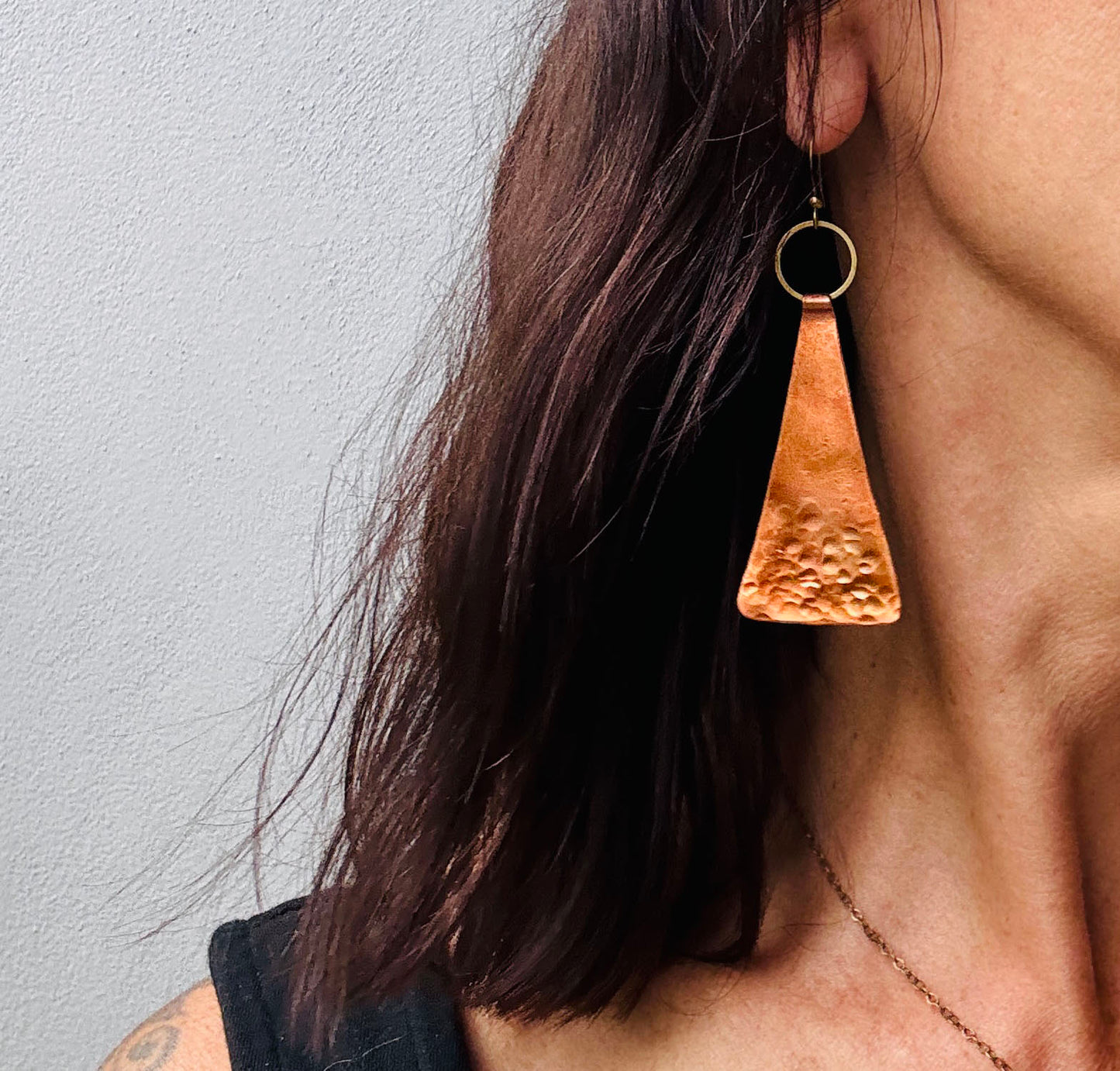 LARGE TEXTURED COPPER TRIANGLE EARRINGS - end of season sale