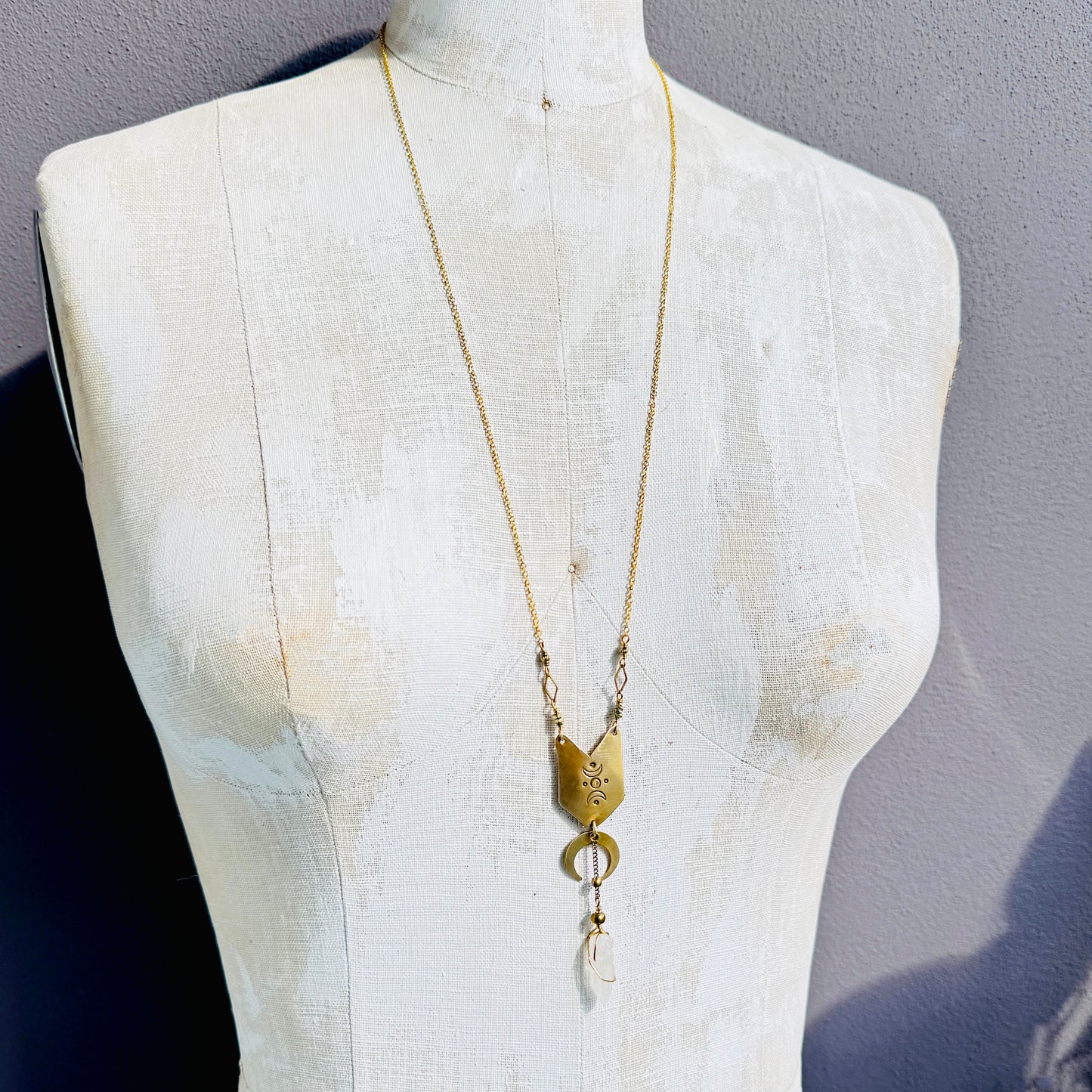 MOON STAMPED BRASS SHIELD WITH QUARTZ NECKLACE - end of season sale