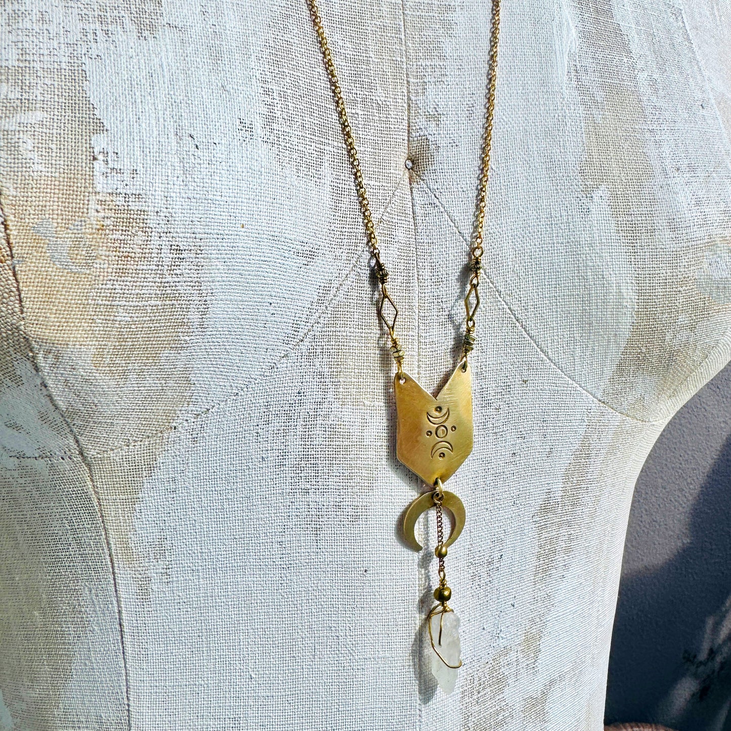 MOON STAMPED BRASS SHIELD WITH QUARTZ NECKLACE - end of season sale