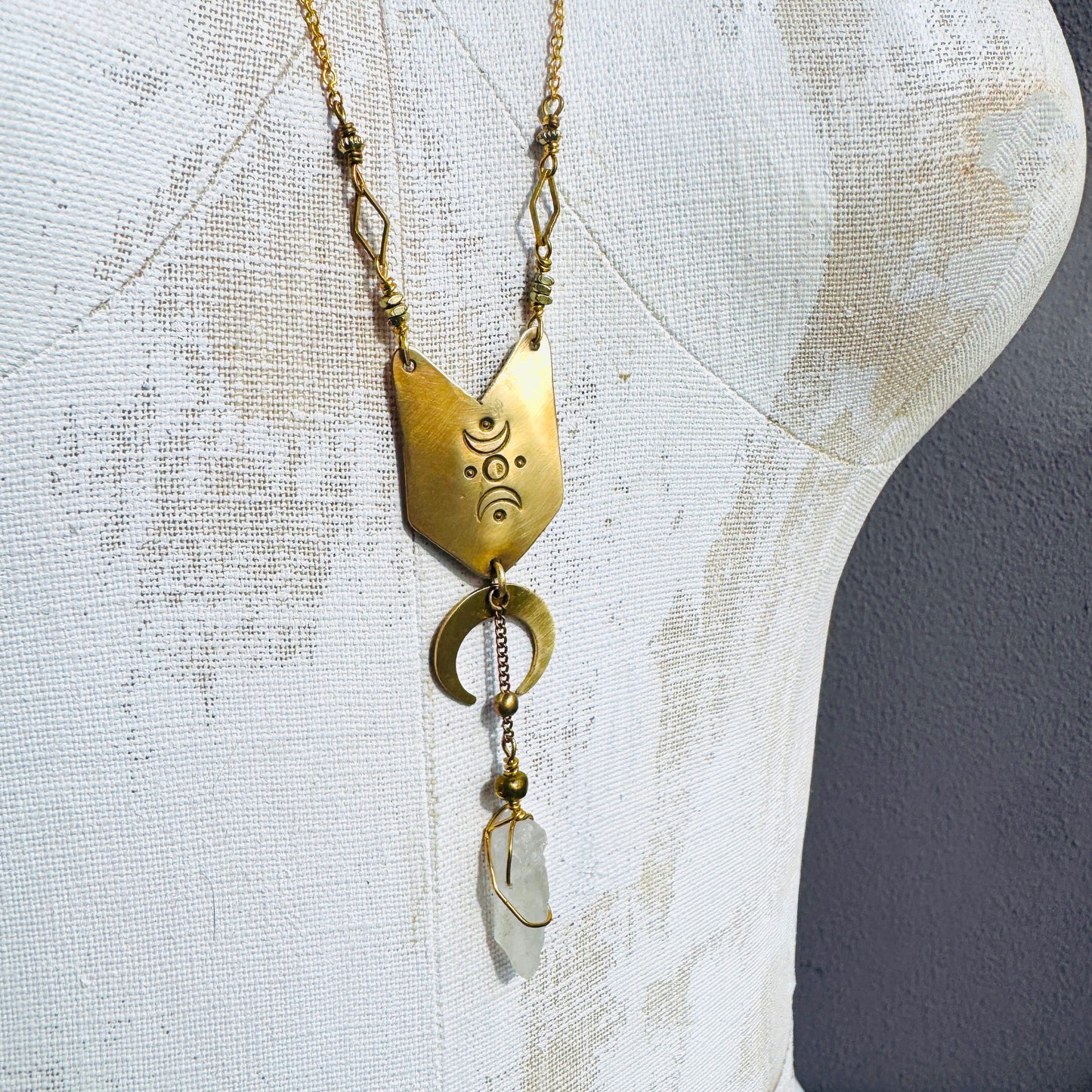 MOON STAMPED BRASS SHIELD WITH QUARTZ NECKLACE - end of season sale
