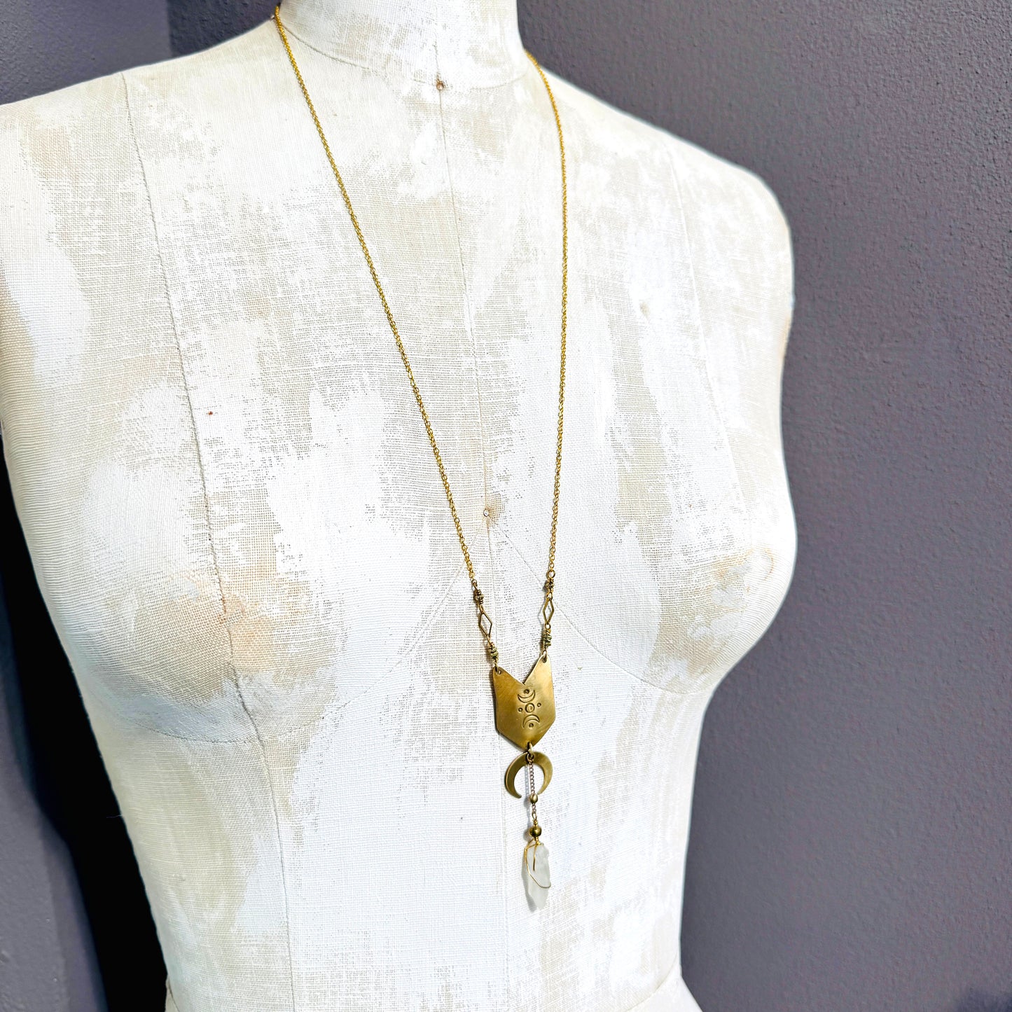 MOON STAMPED BRASS SHIELD WITH QUARTZ NECKLACE - end of season sale