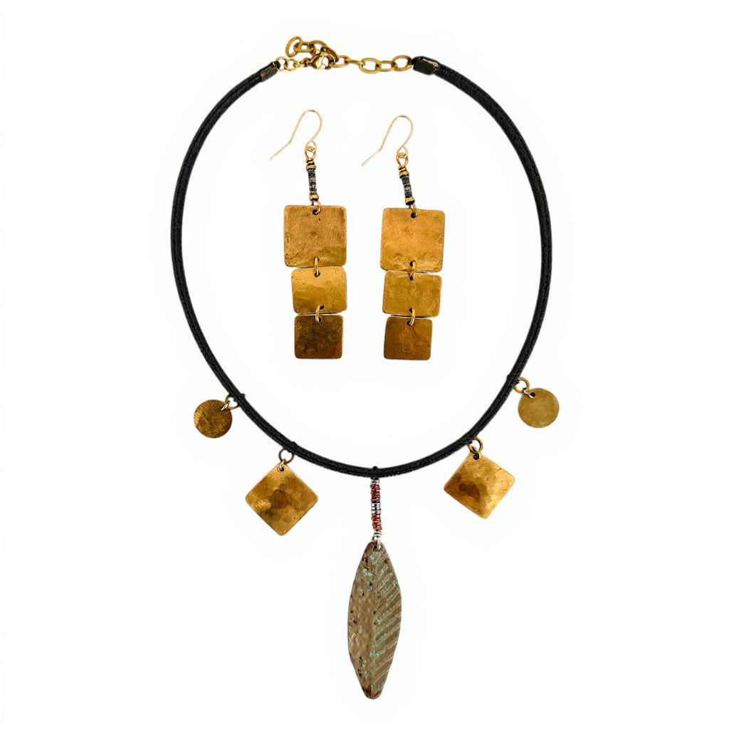 ETCHED BRASS LEAF & BLACK VEGAN LEATHER CHOKER