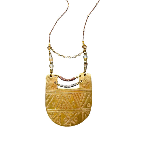 BEADED TRIBAL ETCHED SHIELD NECKLACE