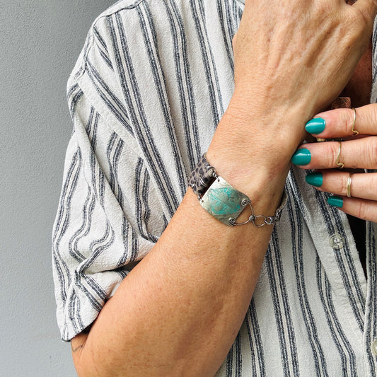 ETCHED SUN AND MOON METAL + LEATHER BRACELET - end of season sale