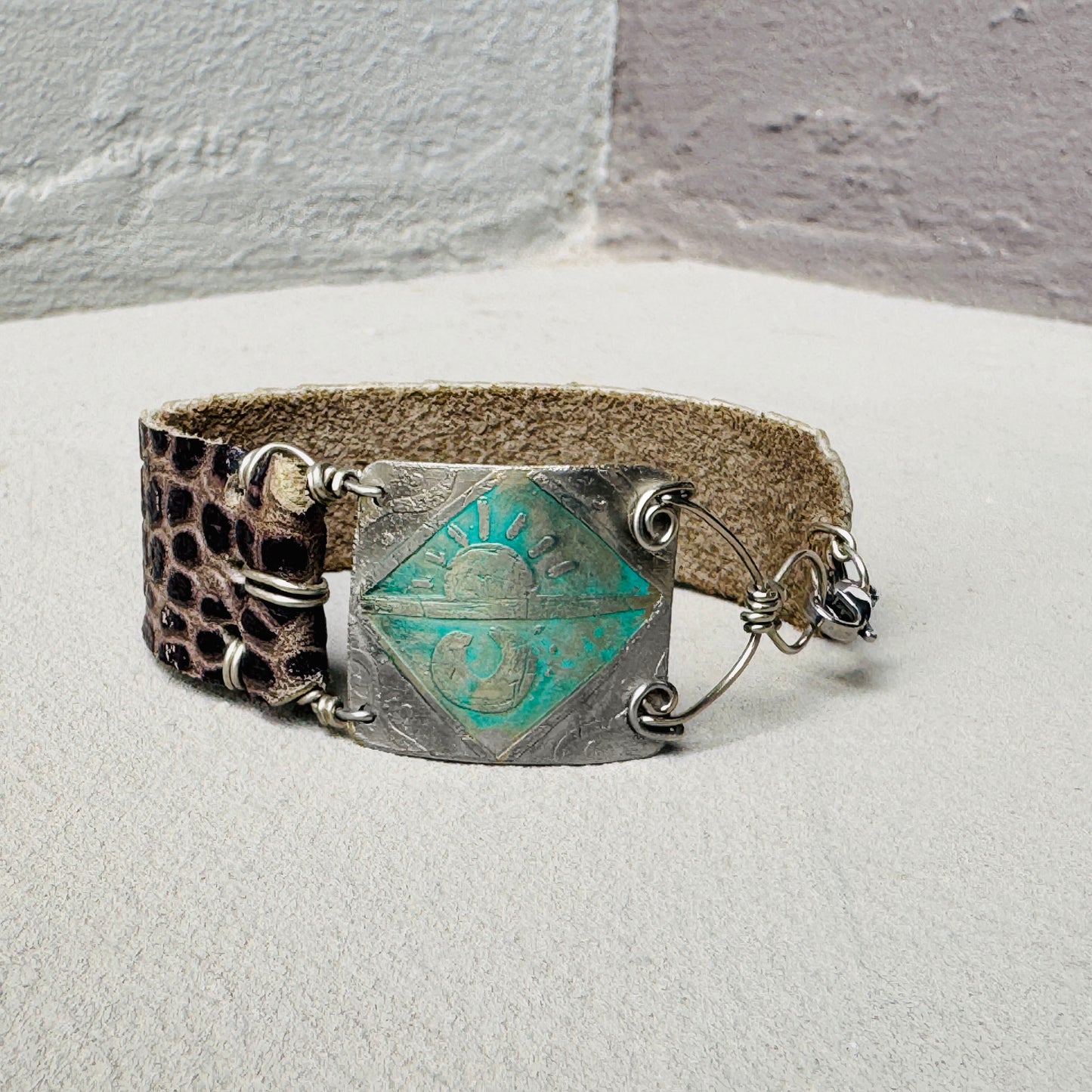 ETCHED SUN AND MOON METAL + LEATHER BRACELET - end of season sale