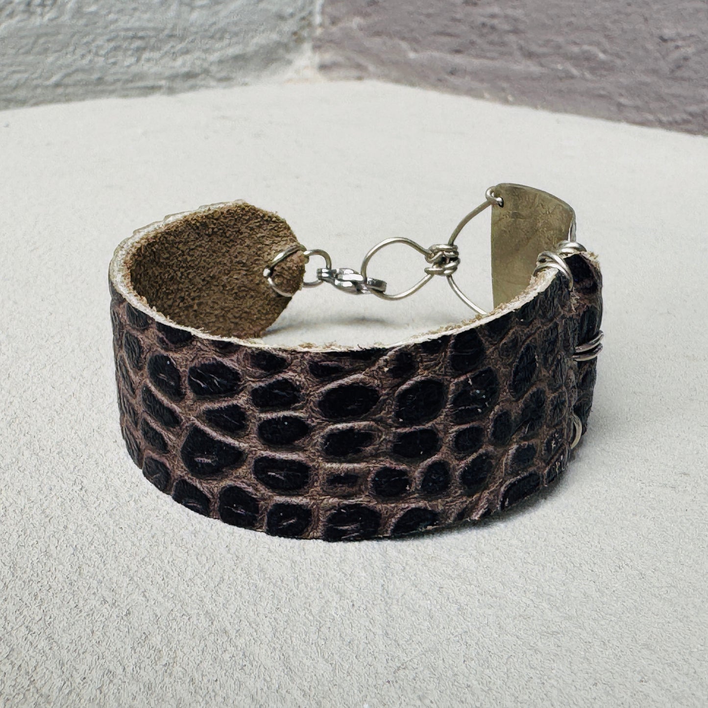 ETCHED SUN AND MOON METAL + LEATHER BRACELET - end of season sale