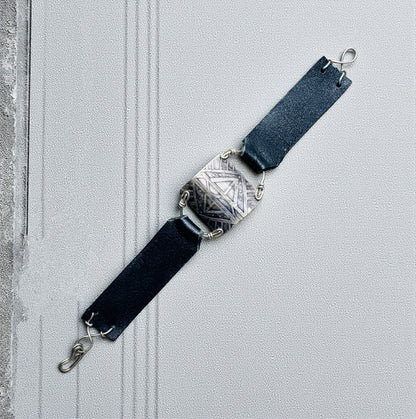 TRIBAL ETCHED SILVER AND BLACK LEATHER BRACELET - end of season sale