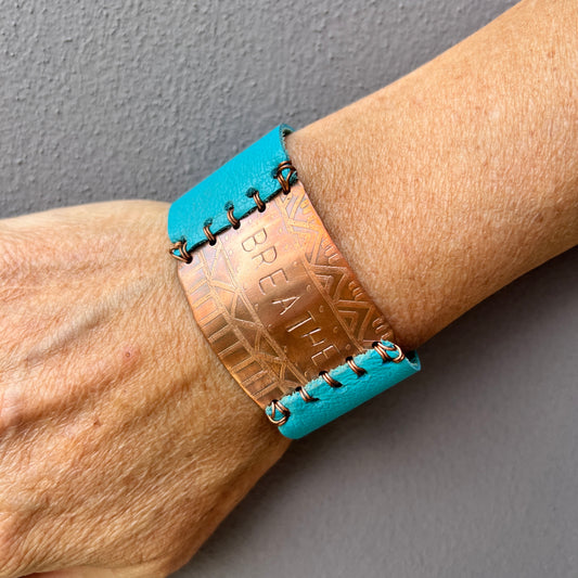 COPPER AND TURQUOISE LEATHER BREATHE BRACELET - end of season sale