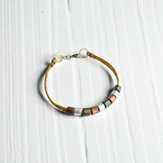 SIMPLE BEADED GOLD LEATHER BRACELET - end of season sale