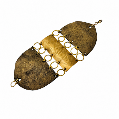 TRIBAL ETCHED BRASS AND METALLIC LEATHER BRACELET