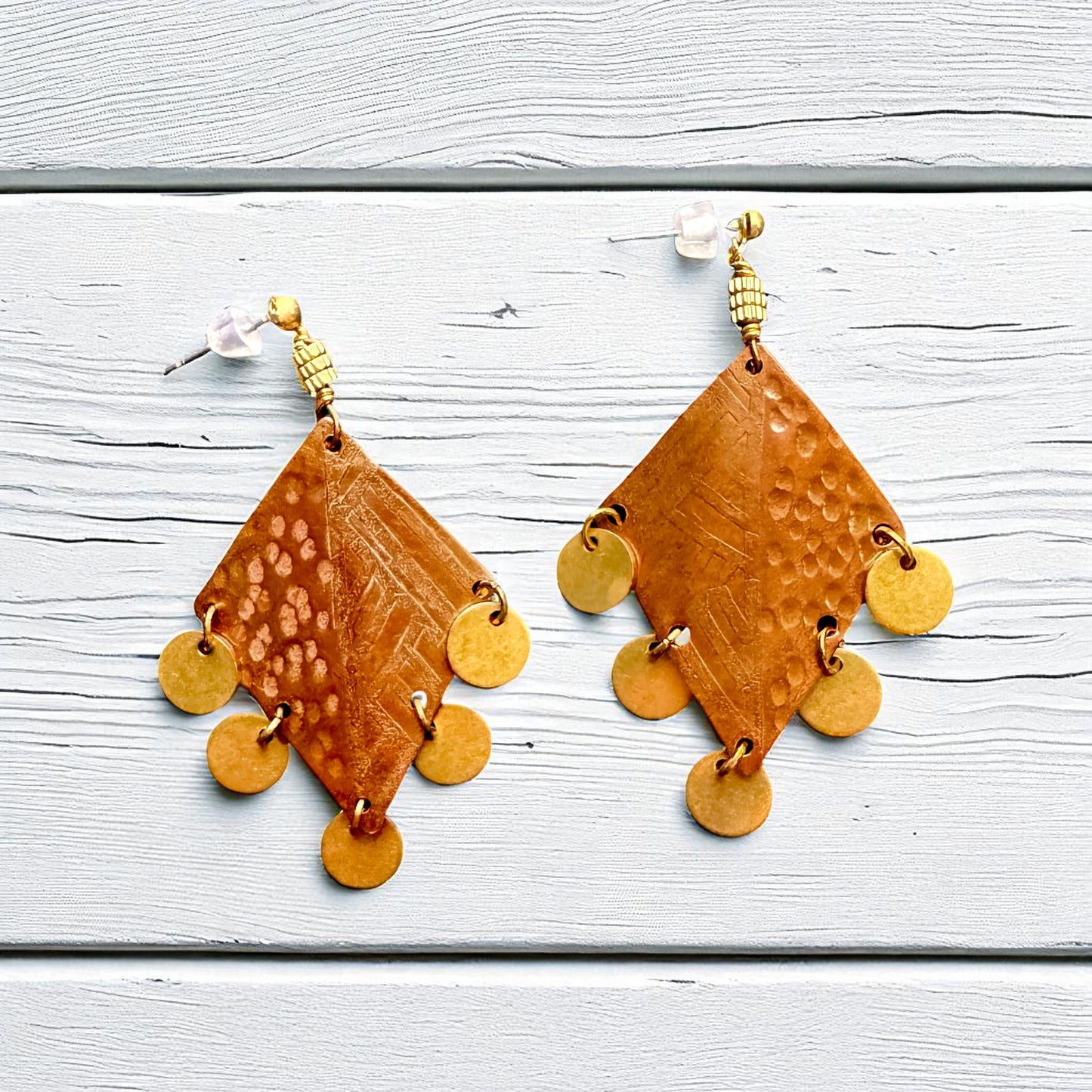 TEXTURED COPPER DIAMOND EARRINGS WITH BRASS CHARMS - end of season sale