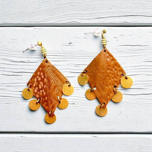 TEXTURED COPPER DIAMOND EARRINGS WITH BRASS CHARMS - end of season sale