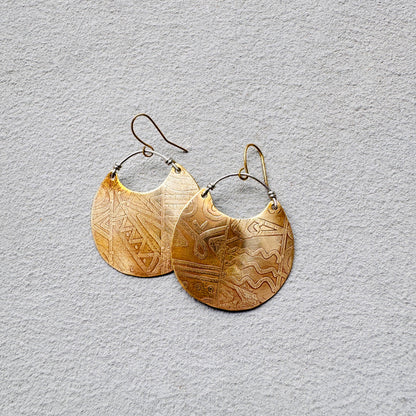 BRASS TRIBAL ETCHED DISK EARRINGS