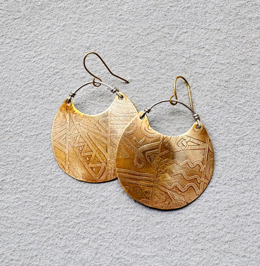 BRASS TRIBAL ETCHED DISK EARRINGS