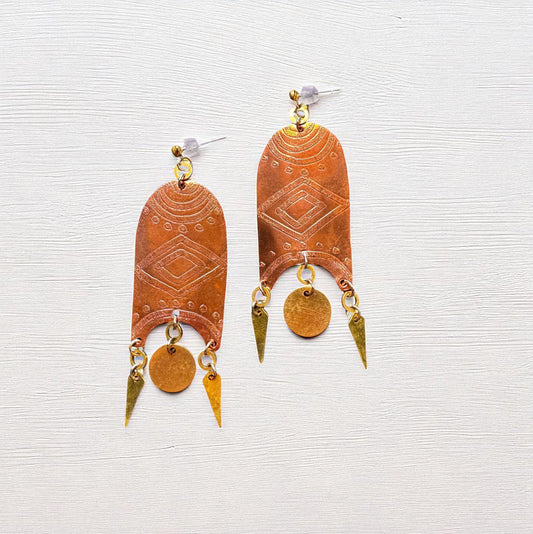 BOHO COPPER ETCHED TRIBAL SHIELD EARRINGS