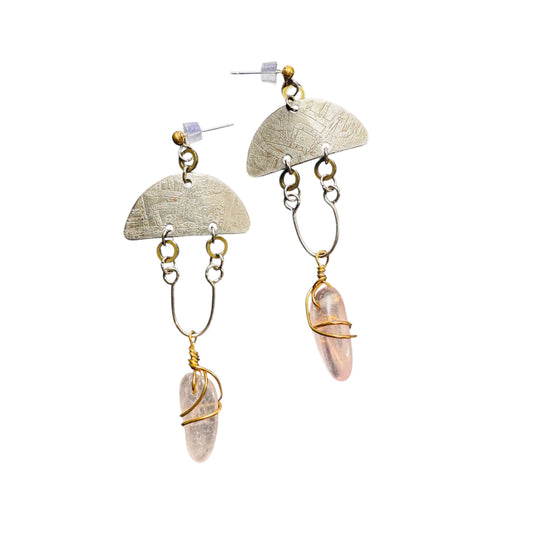 ROSE QUARTZ AND ETCHED SILVER DANGLE EARRINGS - end of season sale