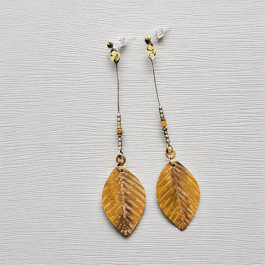 LONG ETCHED BRASS LEAF EARRINGS