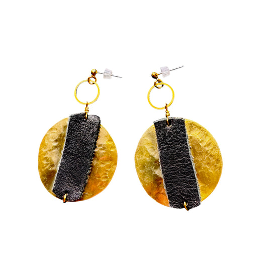 TEXTURED BRASS CIRCLE EARRINGS WITH LEATHER OVERLAY - sample sale