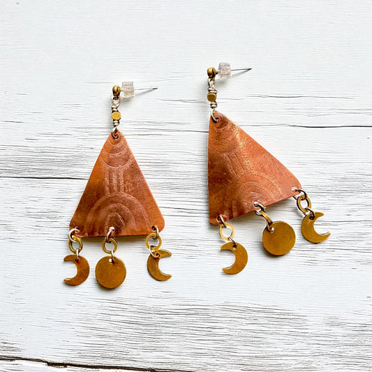 COPPER ETCHED MOON CHARM TRIANGLE EARRINGS - sample sale