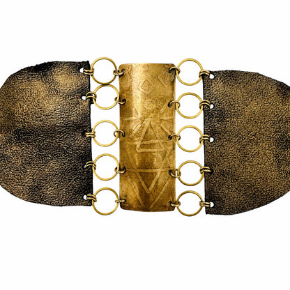 TRIBAL ETCHED BRASS AND METALLIC LEATHER BRACELET