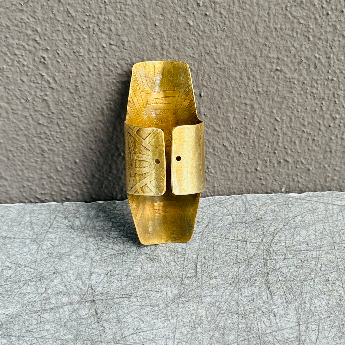 TRIBAL ETCHED BRASS SHIELD RING