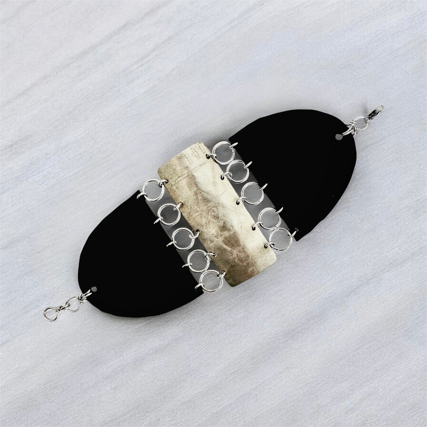 ETCHED TRIBAL SILVER AND LEATHER BRACELET