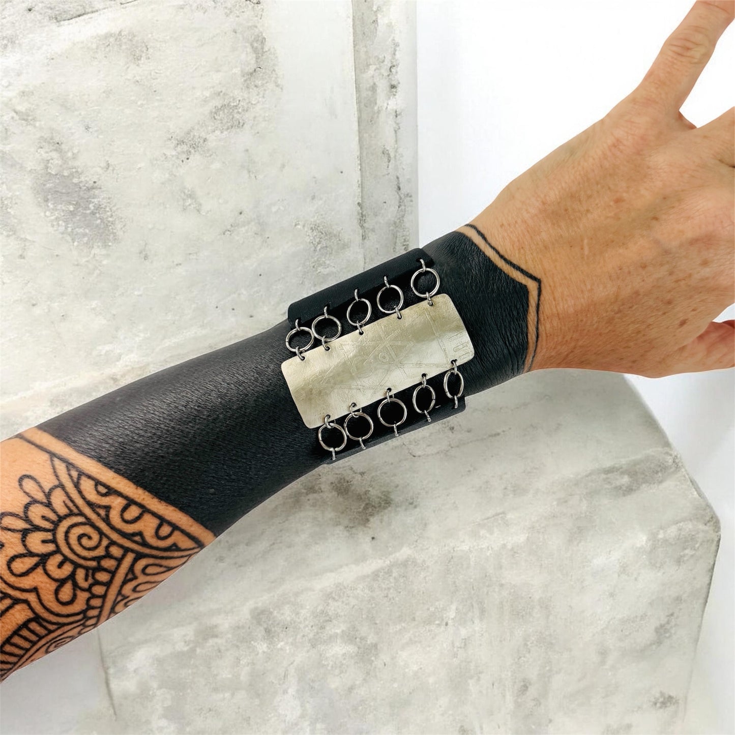 ETCHED TRIBAL SILVER AND LEATHER BRACELET