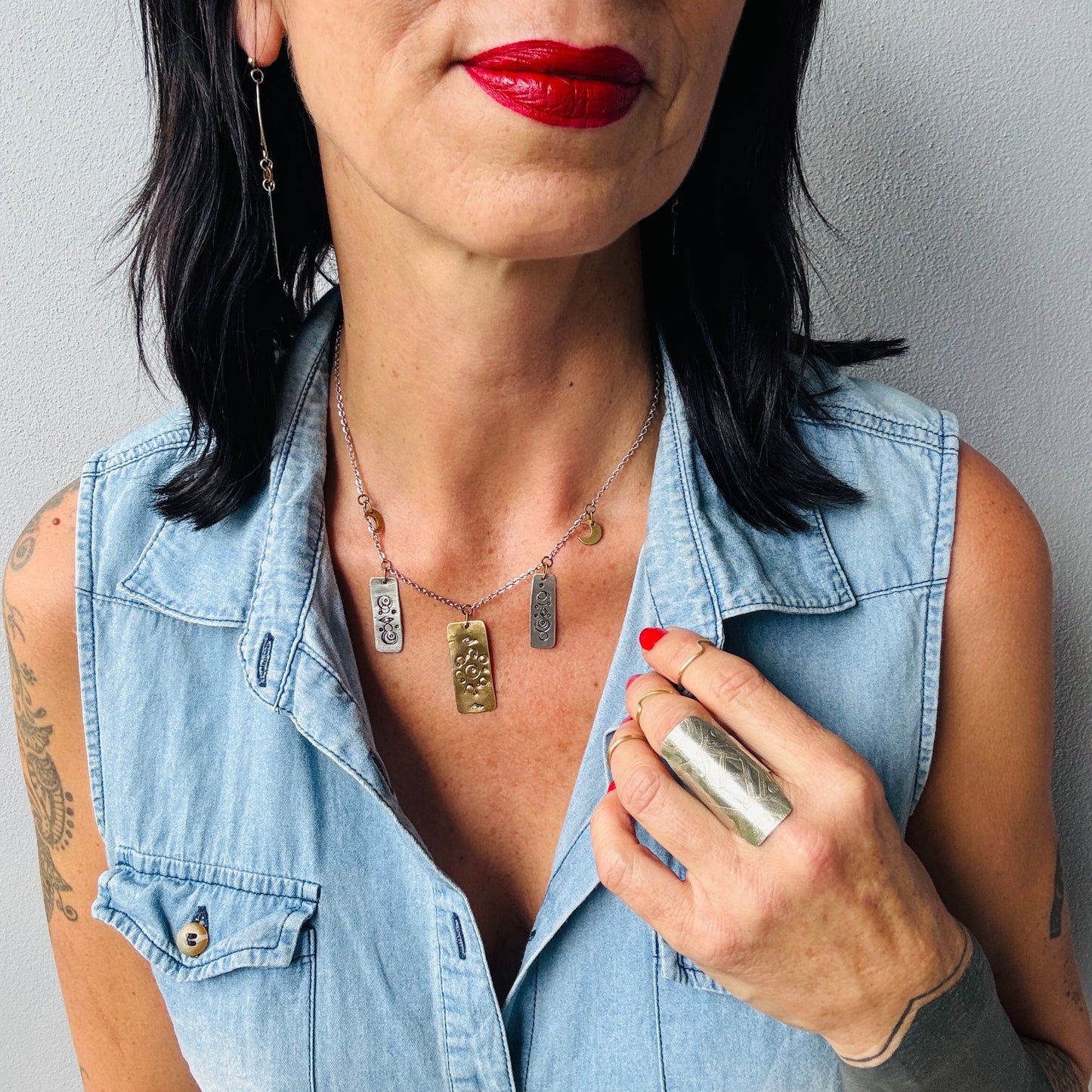 MIXED METAL LUNAR STAMPED RECTANGLE NECKLACE  - end of season sale