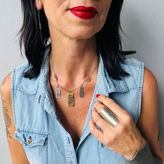MIXED METAL LUNAR STAMPED RECTANGLE NECKLACE  - end of season sale