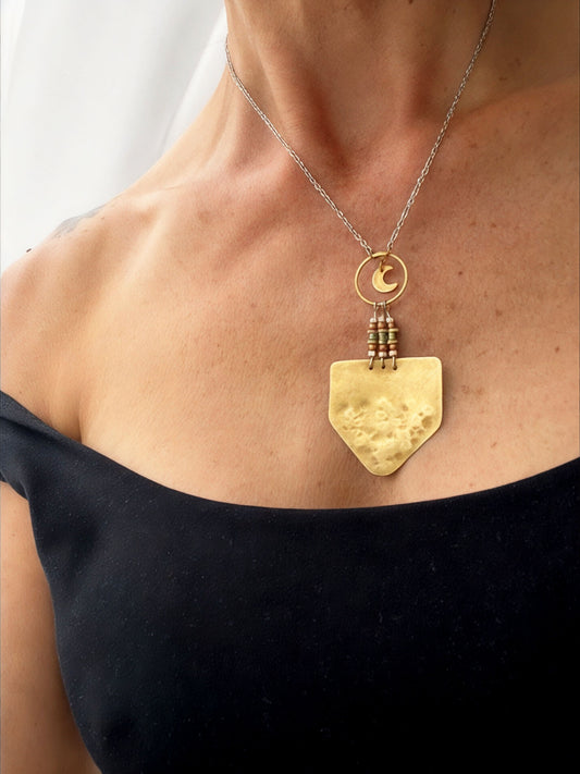 BRASS BEADED MOON SHIELD NECKLACE - end of season sale