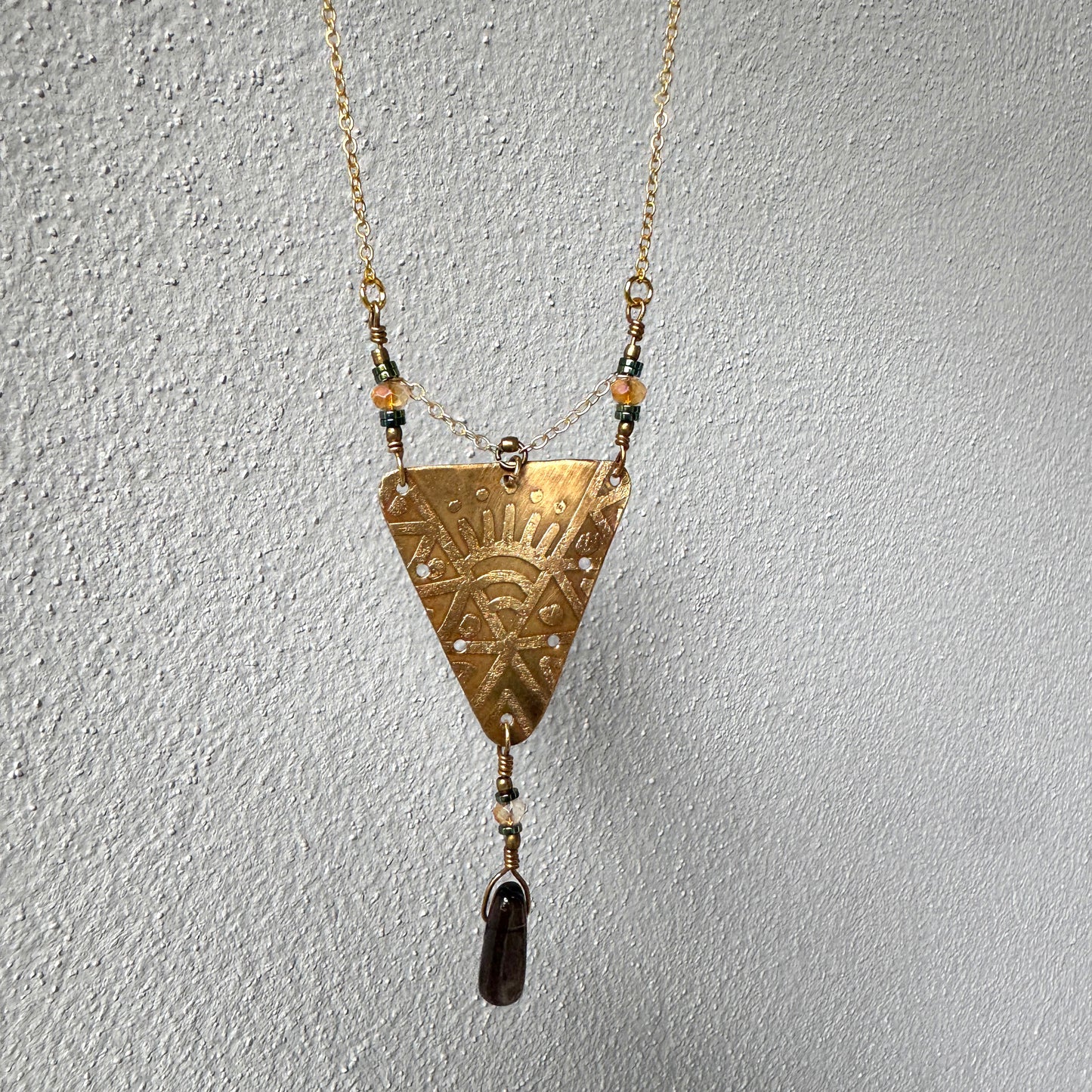 BRASS ETCHED SUN TRIANGLE NECKLACE - end of season sale