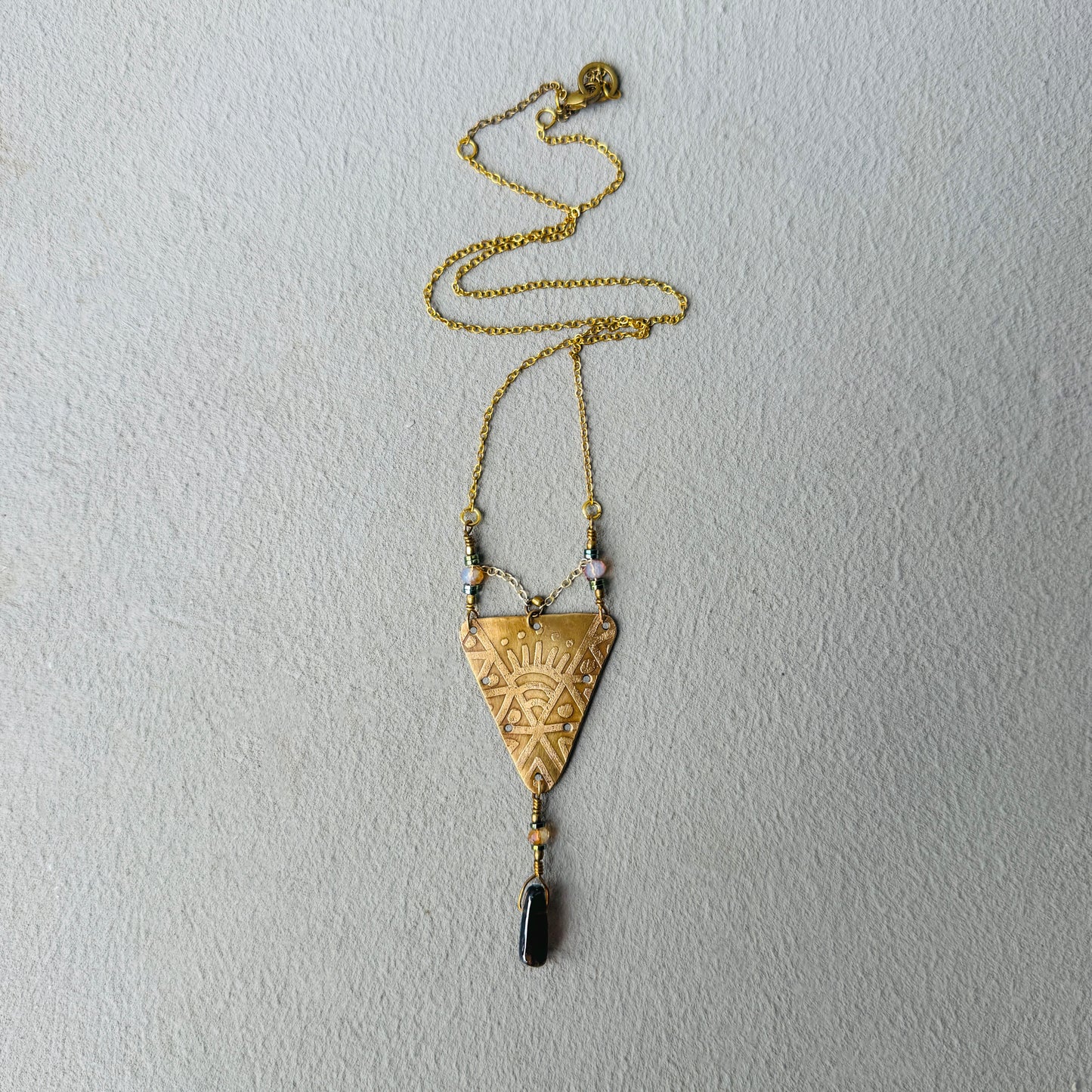 BRASS ETCHED SUN TRIANGLE NECKLACE - end of season sale