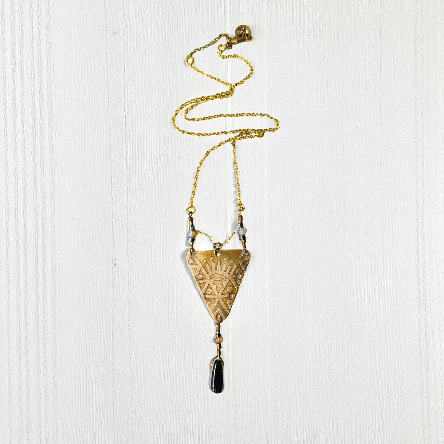 BRASS ETCHED SUN TRIANGLE NECKLACE - end of season sale