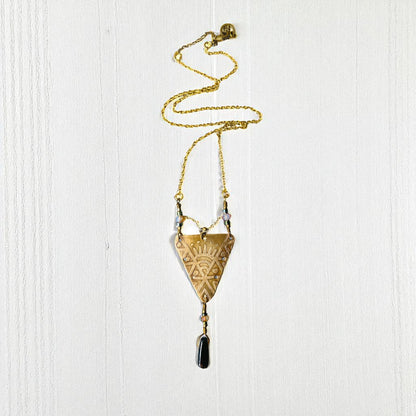 BRASS ETCHED SUN TRIANGLE NECKLACE - end of season sale