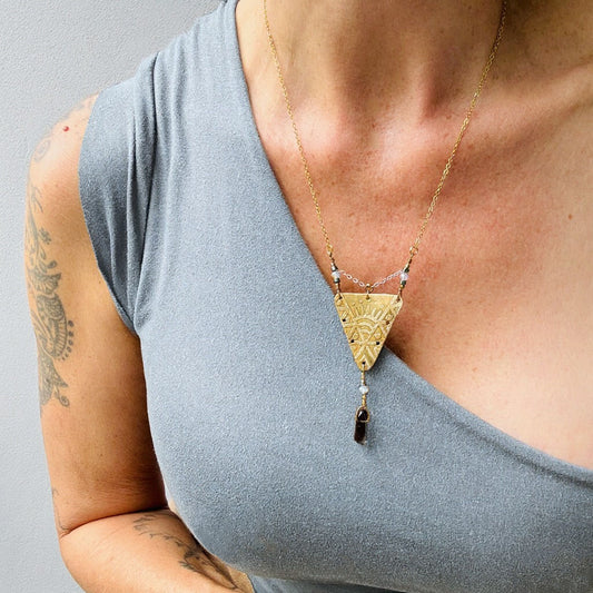 BRASS ETCHED SUN TRIANGLE NECKLACE - end of season sale