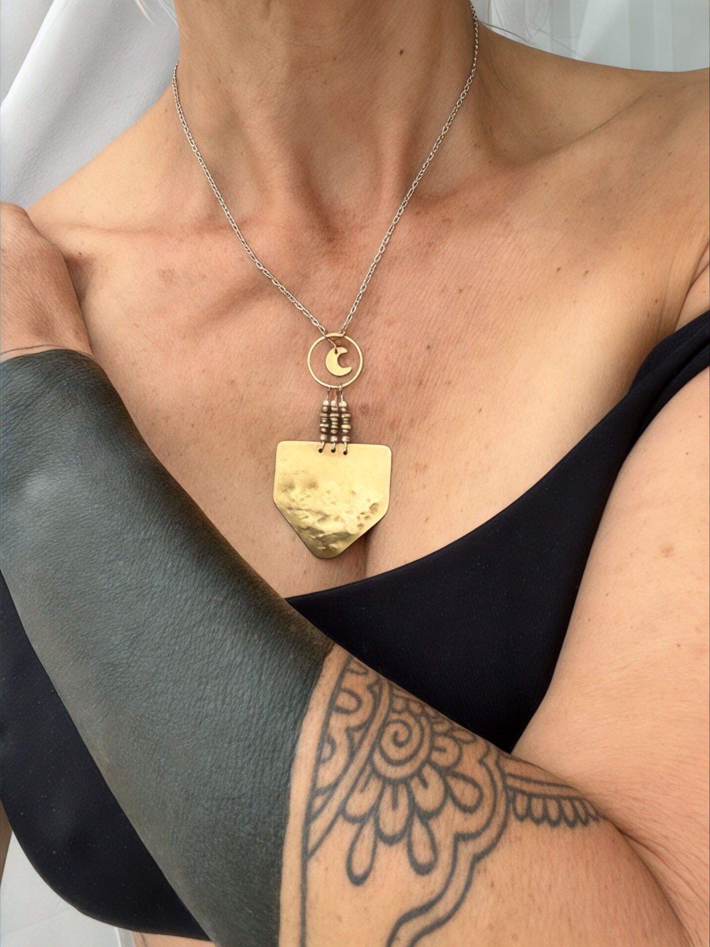 BRASS MOON BEADED SHIELD NECKLACE - end of season sale