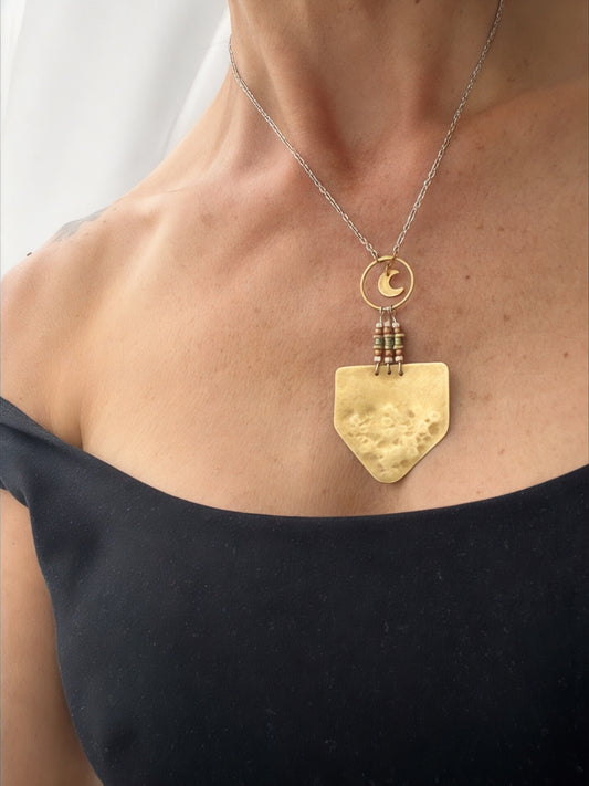 BRASS MOON BEADED SHIELD NECKLACE - end of season sale