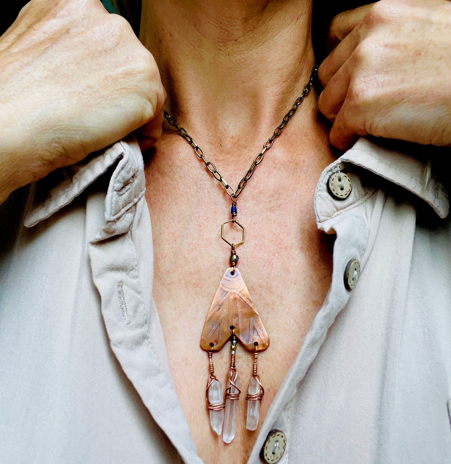 ETCHED GEOMETRIC COPPER + QUARTZ NECKLACE - end of season sale