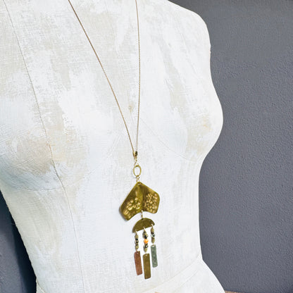 TEXTURED BRASS LONG GEOMETRIC NECKLACE - end of season sale