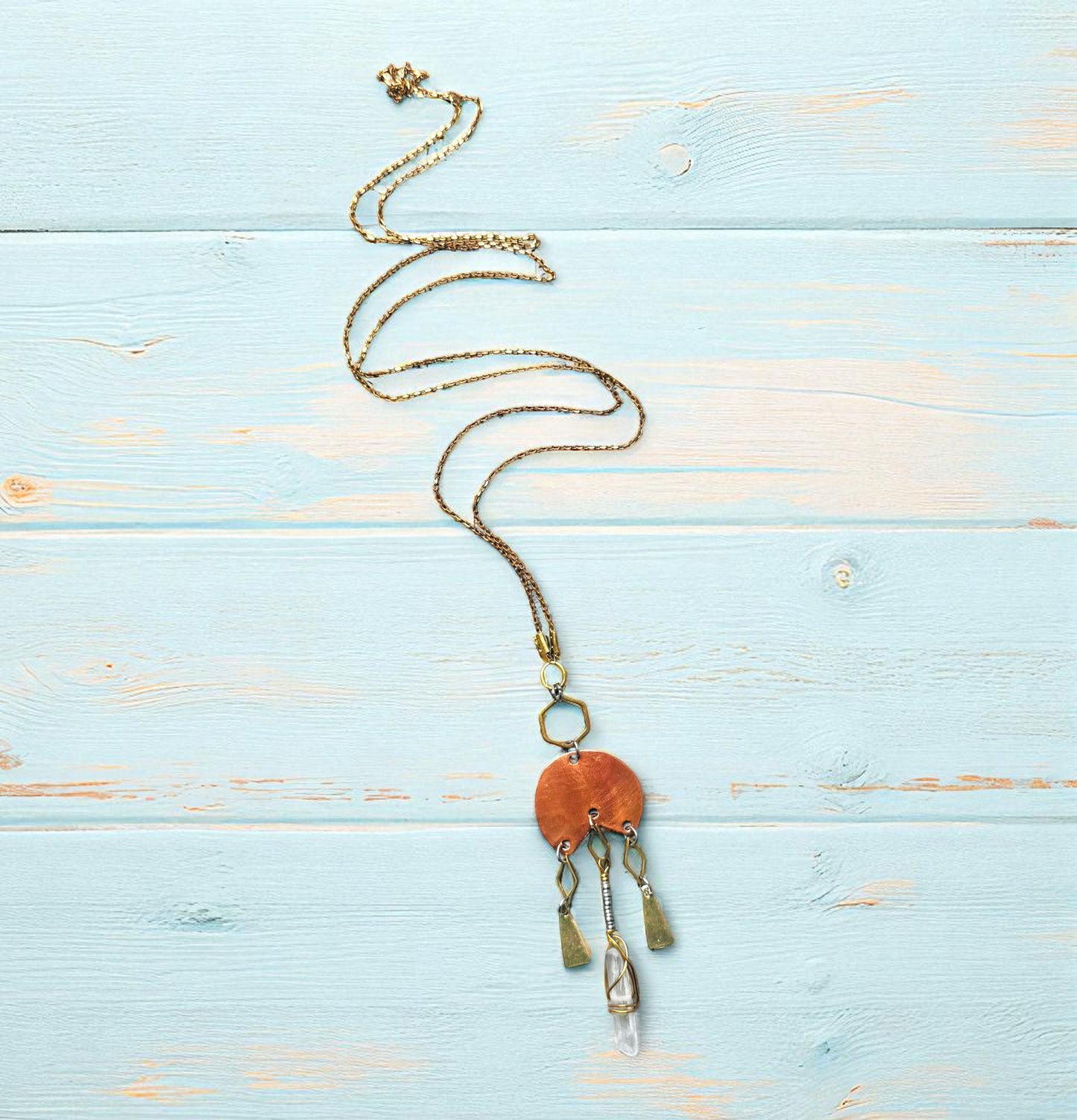 COPPER CRESCENT AND QUARTZ NECKLACE - end of season sale