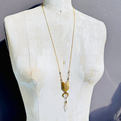 MOON STAMPED BRASS SHIELD WITH QUARTZ NECKLACE - end of season sale