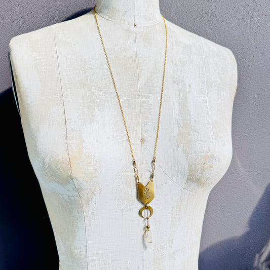 MOON STAMPED BRASS SHIELD WITH QUARTZ NECKLACE - end of season sale