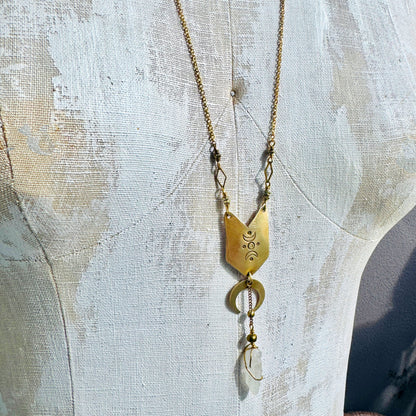 MOON STAMPED BRASS SHIELD WITH QUARTZ NECKLACE - end of season sale