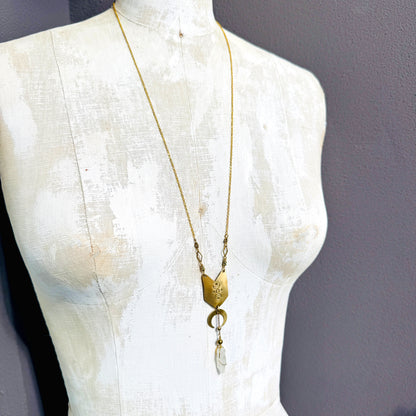 MOON STAMPED BRASS SHIELD WITH QUARTZ NECKLACE - end of season sale