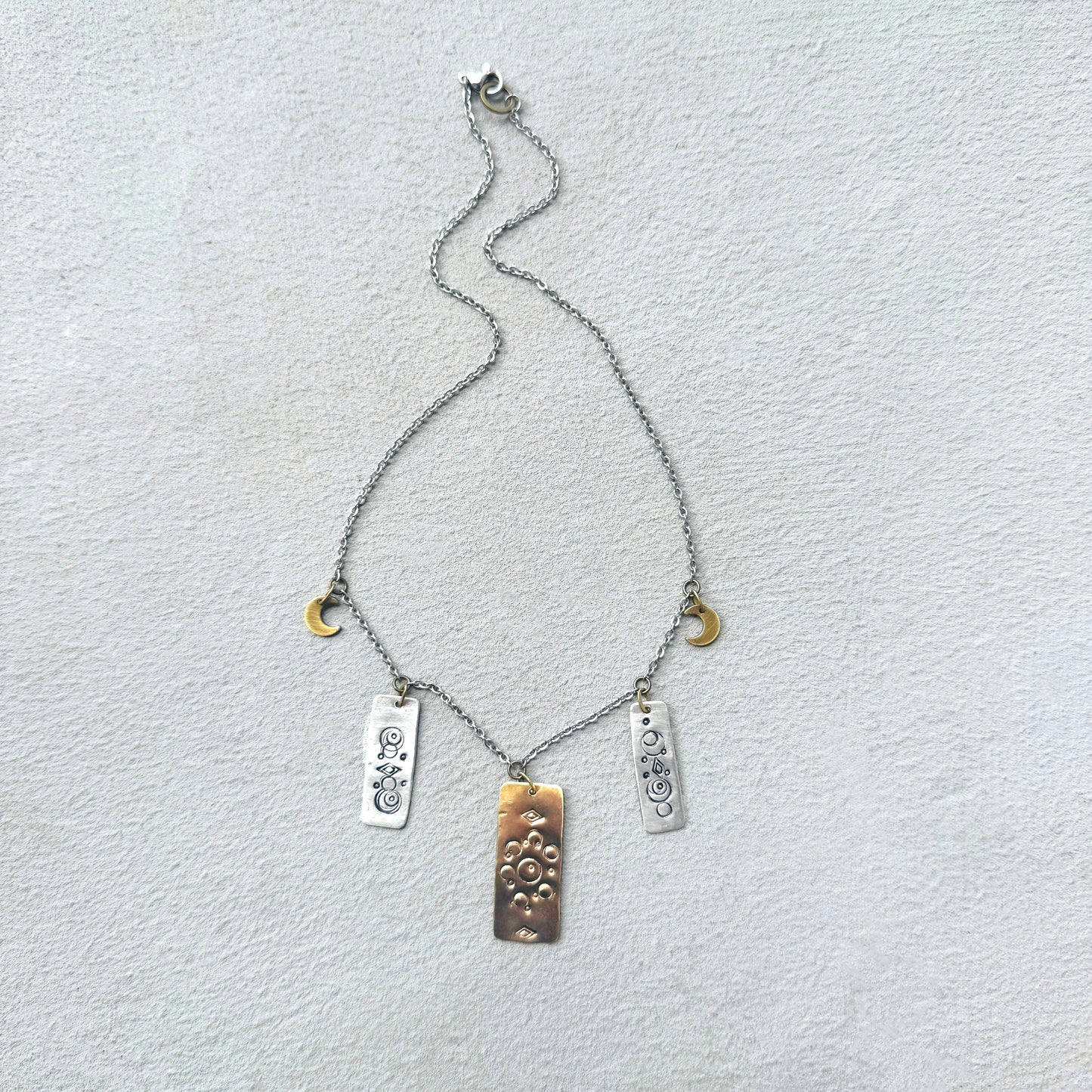 MIXED METAL LUNAR STAMPED RECTANGLE NECKLACE  - end of season sale